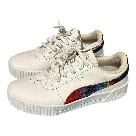 Puma Carina Tie Dye Women's Athletic Shoe White Rainbow Size 7.5 Tennis Sneakers - Picture 1 of 13